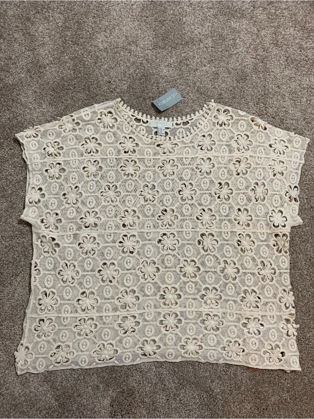 Forever 21 Sheer Cream Floral Lace Mesh Open Crochet Boxy Top 3XL Cottagecore